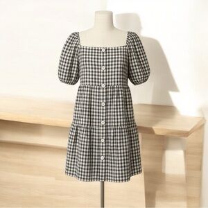 NWOT Zara Black and White Gingham Button Up Dress with Balloon Sleeves Size XS